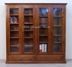 Libreria stile classico smontabile con 4 ante e 2 cassetti costruita artigianalmente in legno massello di noce